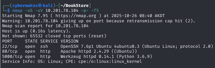 Nmap scan showing ports 22, 80, 5000
