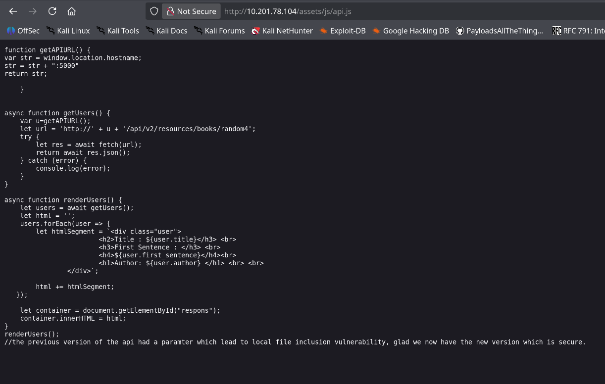 api.js with developer comments disclosing LFI in v1 API