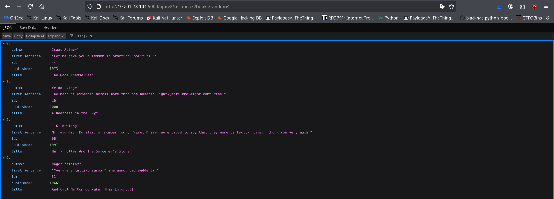 Port 5000 API returning JSON for /api/v2/resources/books/random4