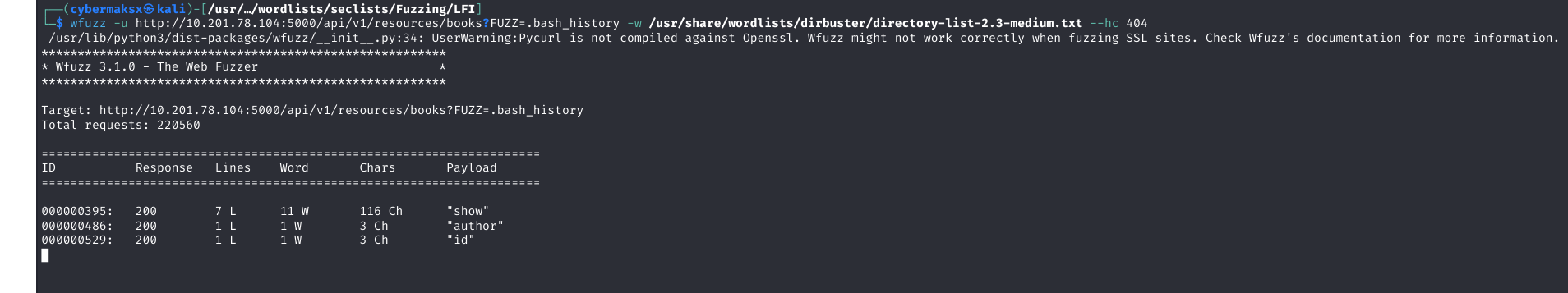 wfuzz discovering undocumented 'show' parameter in v1 API