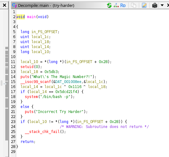 Decompiled try-harder showing XOR check: input ^ 0x1116 ^ 0x5db3 == 0x5dcd21f4