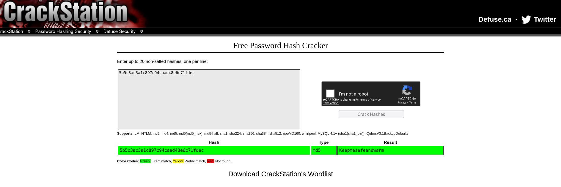 Crackstation successfully cracking the password hash for fismathack