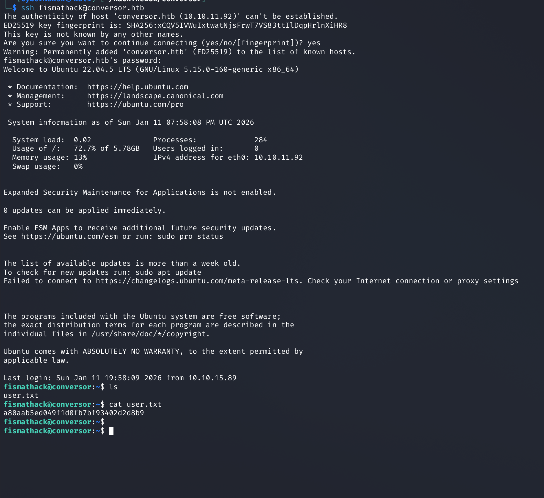 SSH login as fismathack with cracked password, cat user.txt shows flag