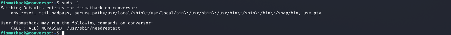 sudo -l showing fismathack can run /usr/sbin/needrestart as root NOPASSWD