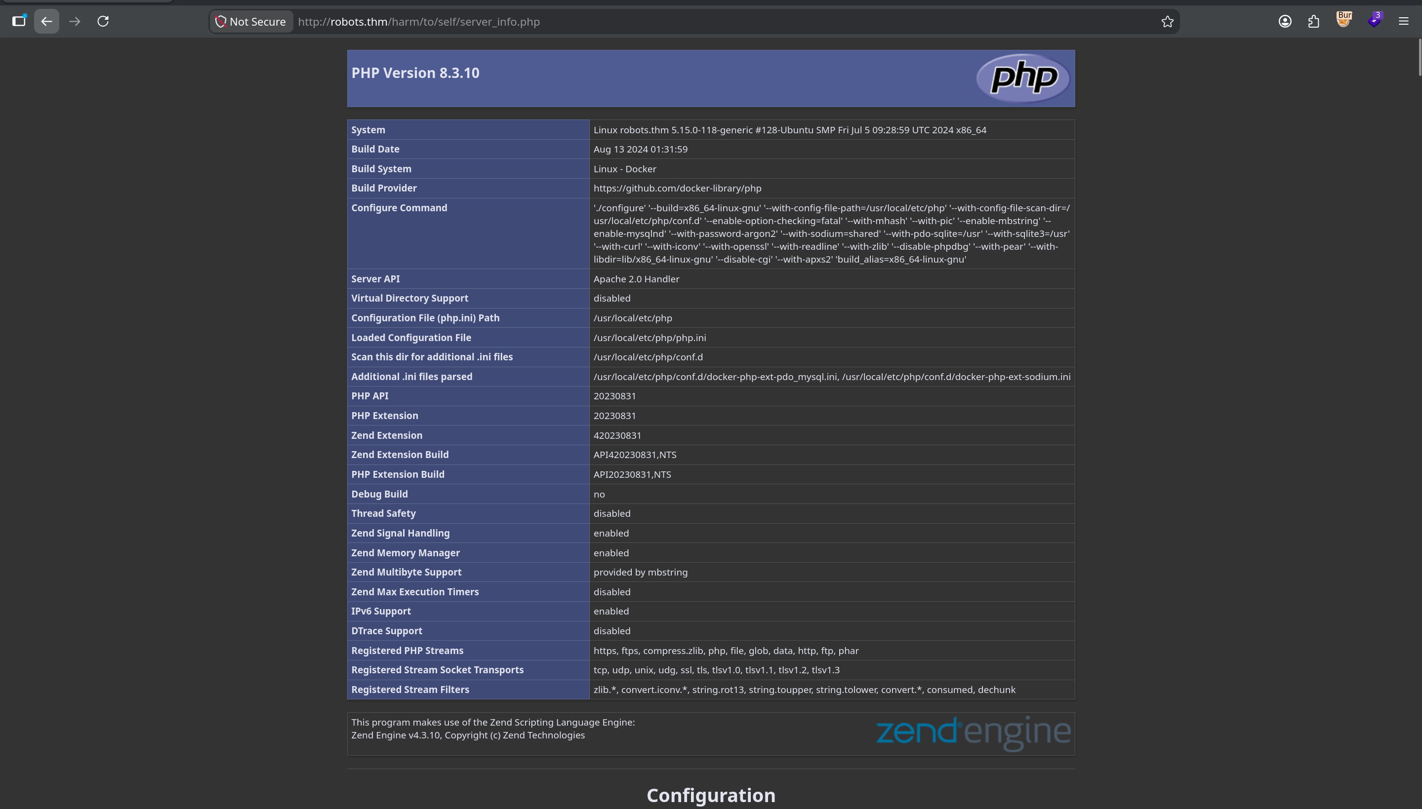 phpinfo output for PHP Version 8.3.10 showing System Linux robots.thm, Build System Linux - Docker, Server API Apache 2.0 Handler, and additional .ini files for pdo_mysql and sodium extensions