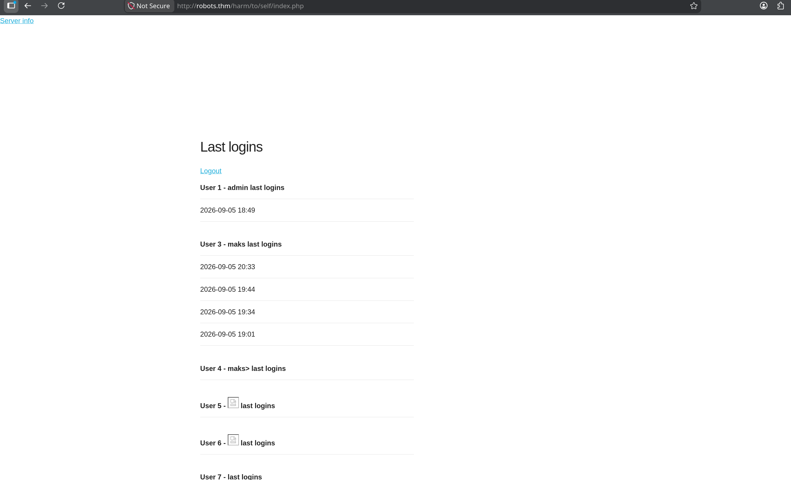 Last logins admin panel accessible with the stolen session, listing User 1 admin, User 3 maks, User 4 maks>, and users whose names render as broken script-tag images, confirming stored XSS
