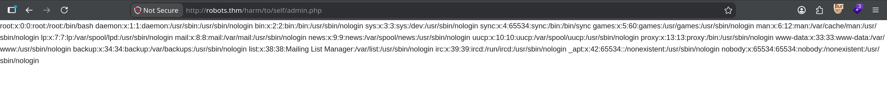 admin.php Test url output showing the full contents of /etc/passwd fetched server-side, listing root, daemon, www-data and other accounts