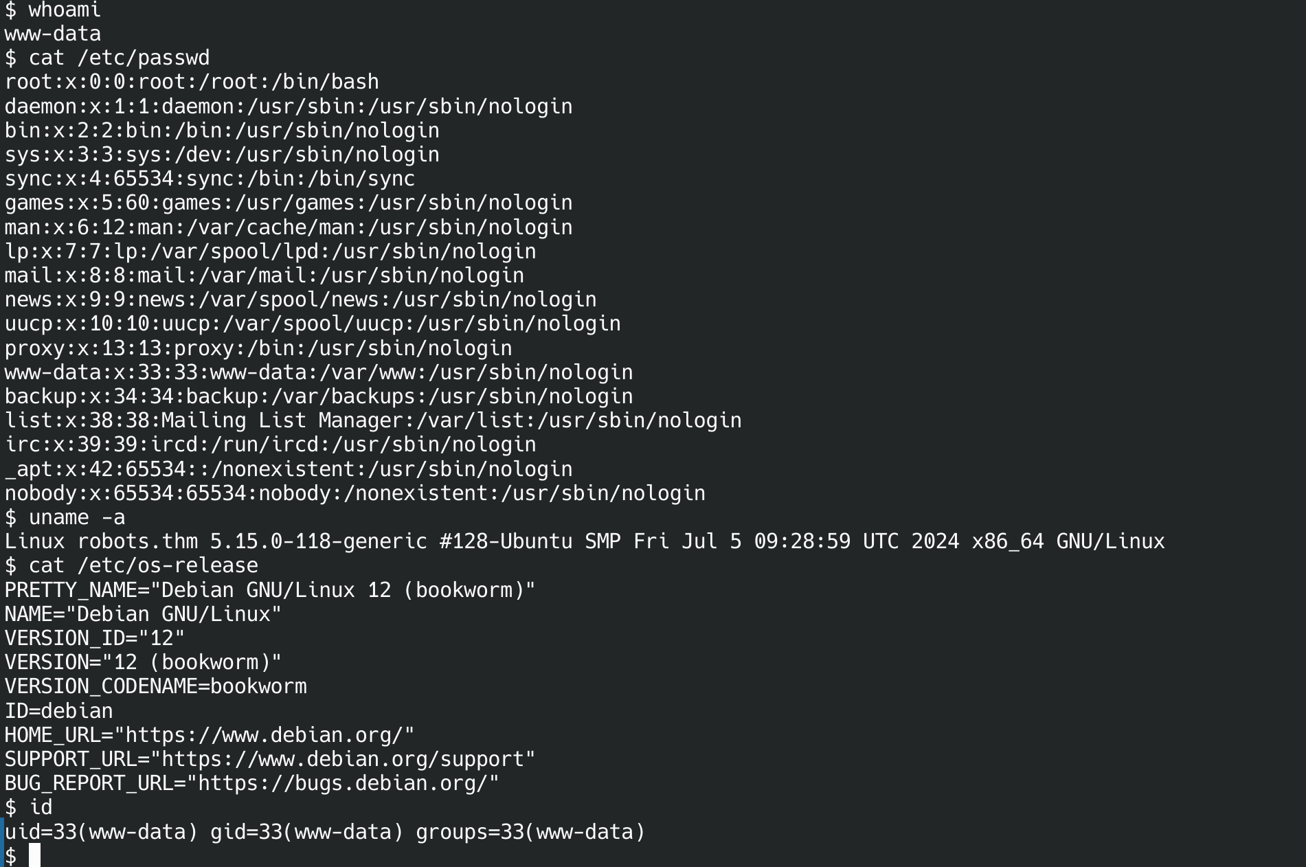 www-data shell output: whoami returns www-data, cat /etc/passwd, uname -a shows Linux robots.thm 5.15.0-118-generic Ubuntu kernel, /etc/os-release shows Debian GNU/Linux 12 bookworm, id shows uid 33 www-data
