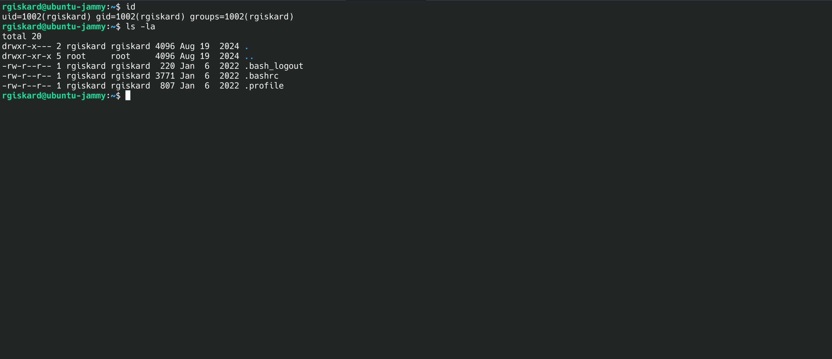 SSH session as rgiskard@ubuntu-jammy: id shows uid 1002 rgiskard, ls -la of the home directory showing .bash_logout, .bashrc, .profile
