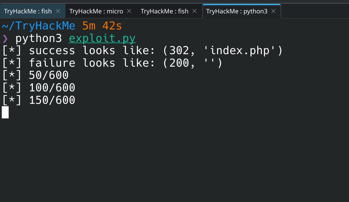 Terminal running python3 exploit.py, printing success looks like (302, index.php), failure looks like (200, ), then progress 50/600, 100/600, 150/600 with no match found