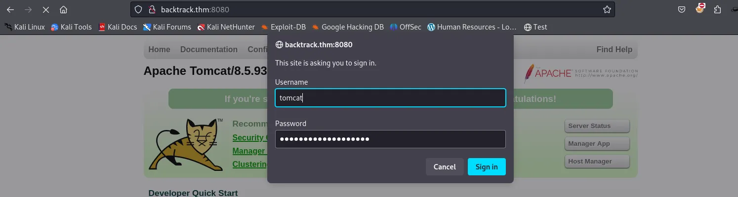Tomcat manager login dialog at backtrack.thm:8080