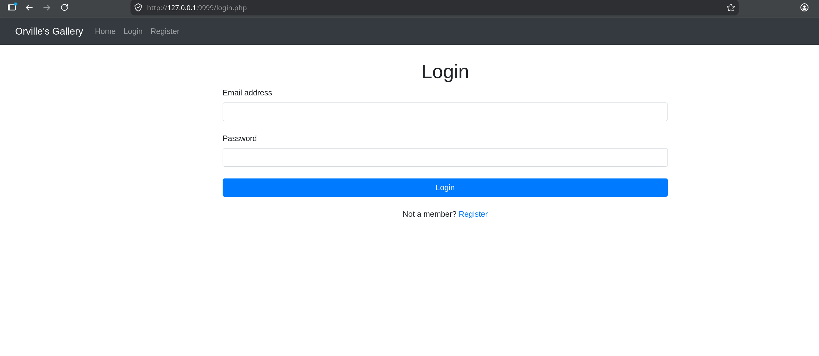 Orville's Gallery login page accessed via SSH tunnel at 127.0.0.1:9999