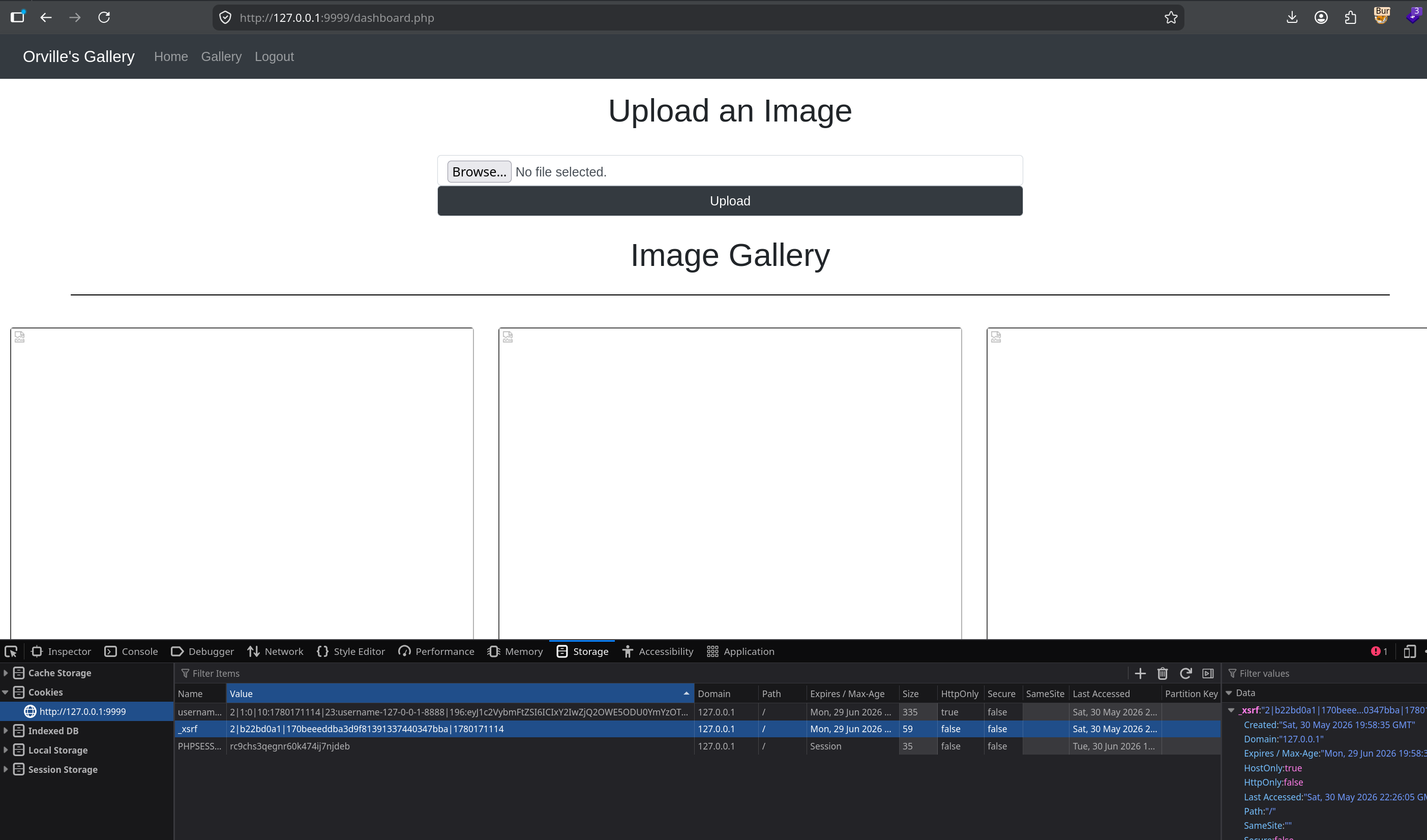 Gallery dashboard at 127.0.0.1:9999/dashboard.php with upload form and devtools storage panel open