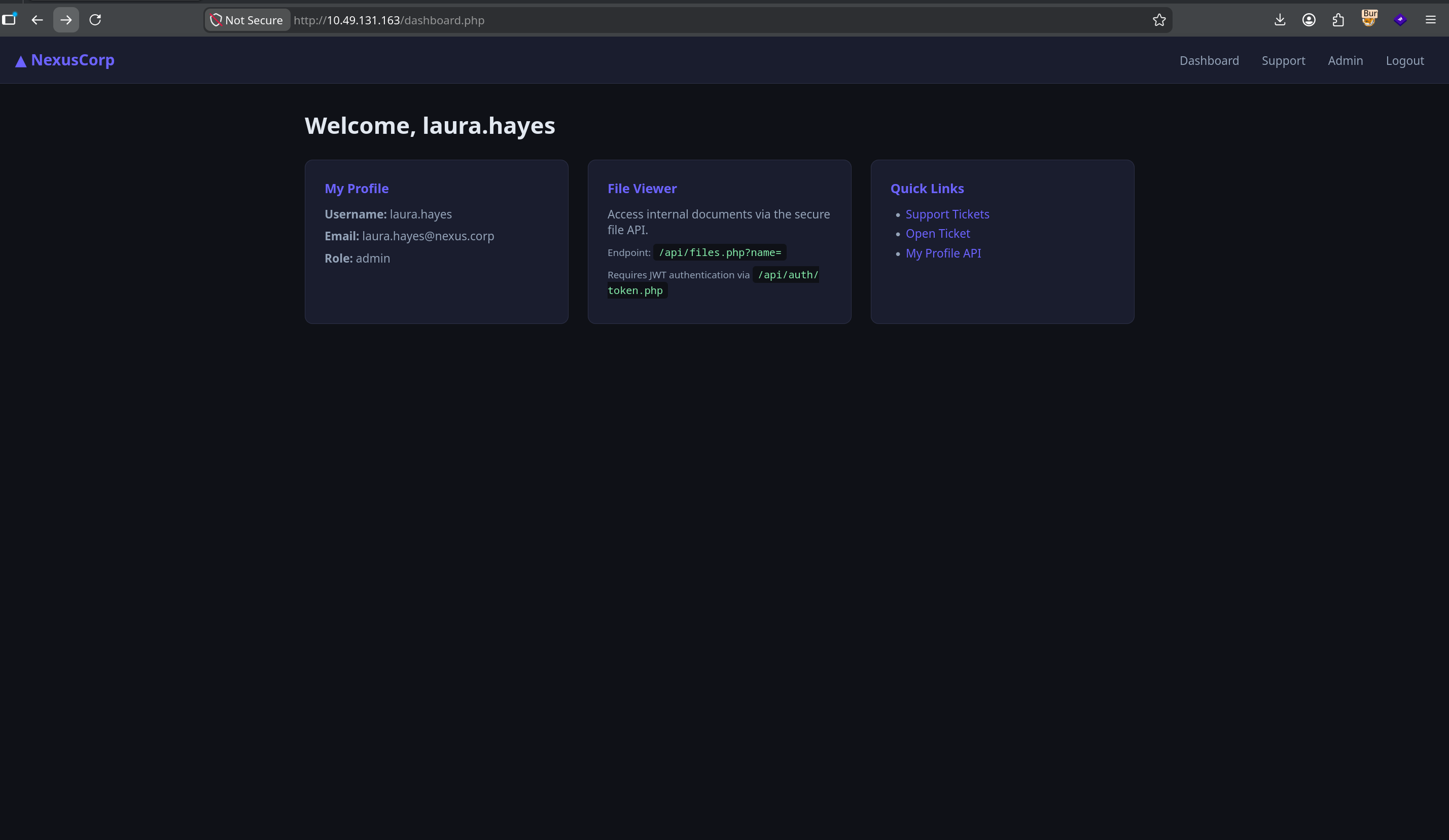 NexusCorp dashboard showing Welcome laura.hayes with Role: admin, plus File Viewer card describing /api/files.php?name= endpoint and JWT authentication via /api/auth/token.php