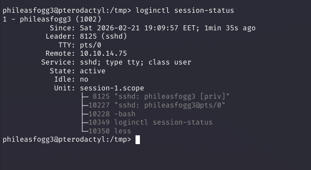 loginctl session-status showing session 1, phileasfogg3, Remote 10.10.14.75, service sshd, no seat