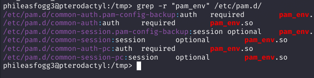 grep showing pam_env.so in common-auth, common-session, common-auth-pc and common-session-pc