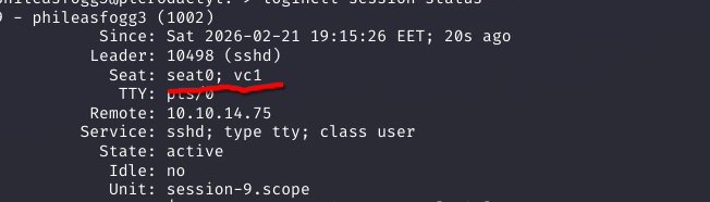 loginctl session-status after re-login showing Seat: seat0; vc1 with arrow pointing to it