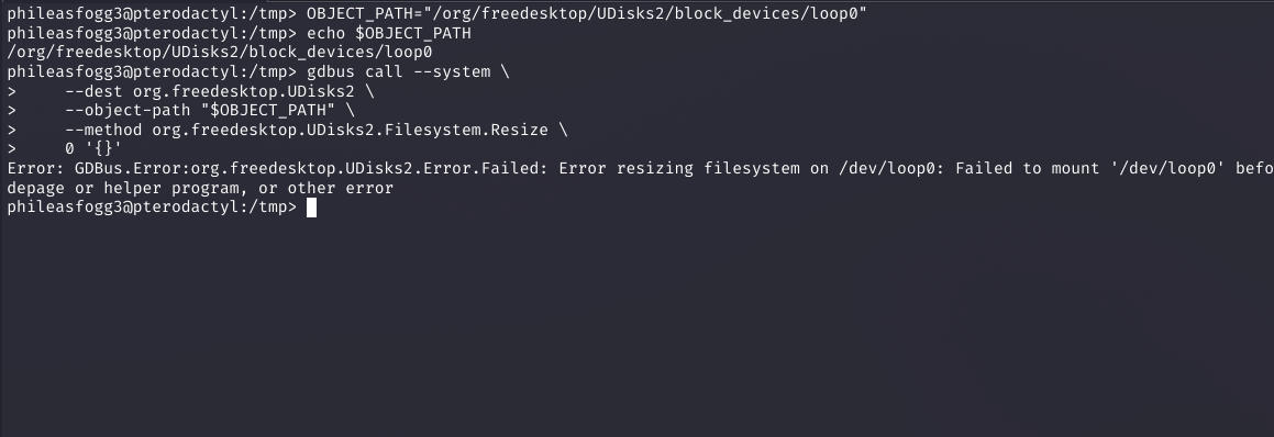 gdbus call to org.freedesktop.UDisks2.Filesystem.Resize with 0 and empty options returning GDBus failed error about resizing filesystem on /dev/loop0