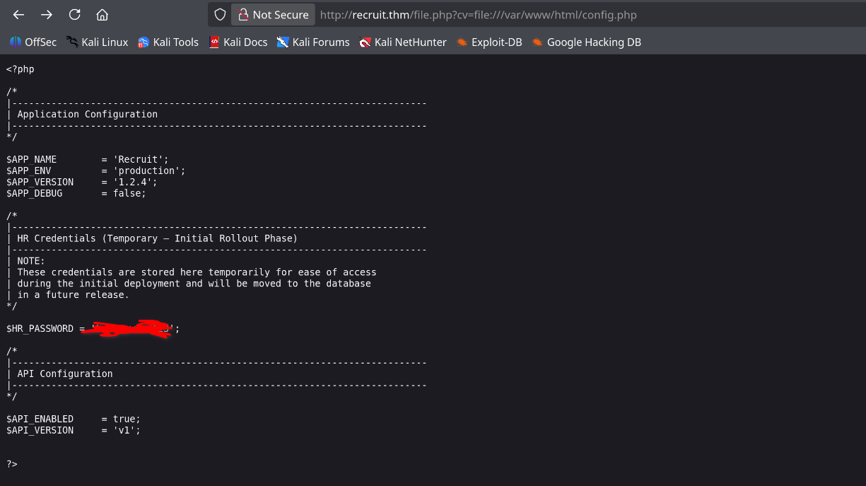 config.php raw PHP source exposed via SSRF showing HR_PASSWORD = $PASS