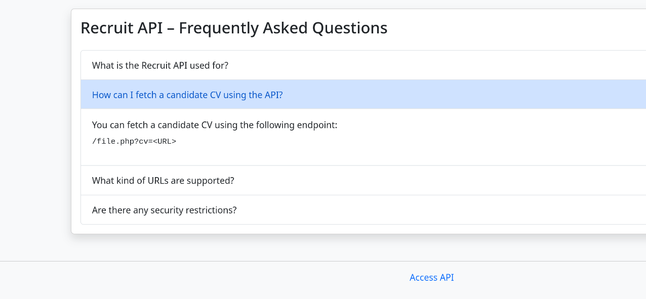 Recruit API FAQ page showing /file.php?cv=URL endpoint for fetching candidate CVs