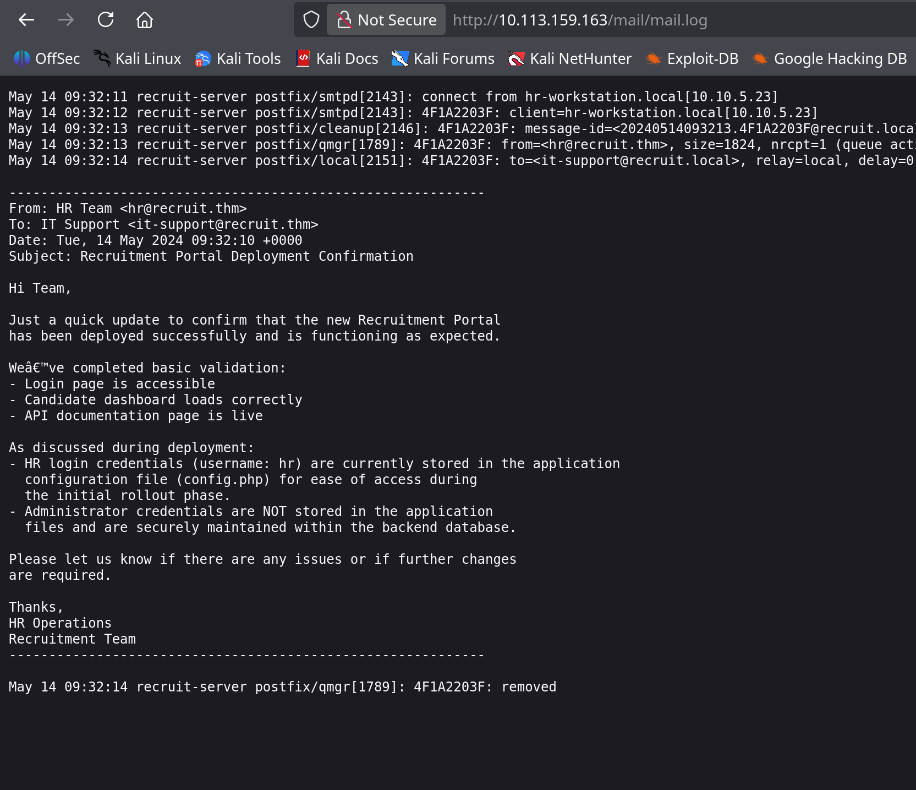 mail.log exposed at /mail/mail.log showing internal HR email with credentials location hint