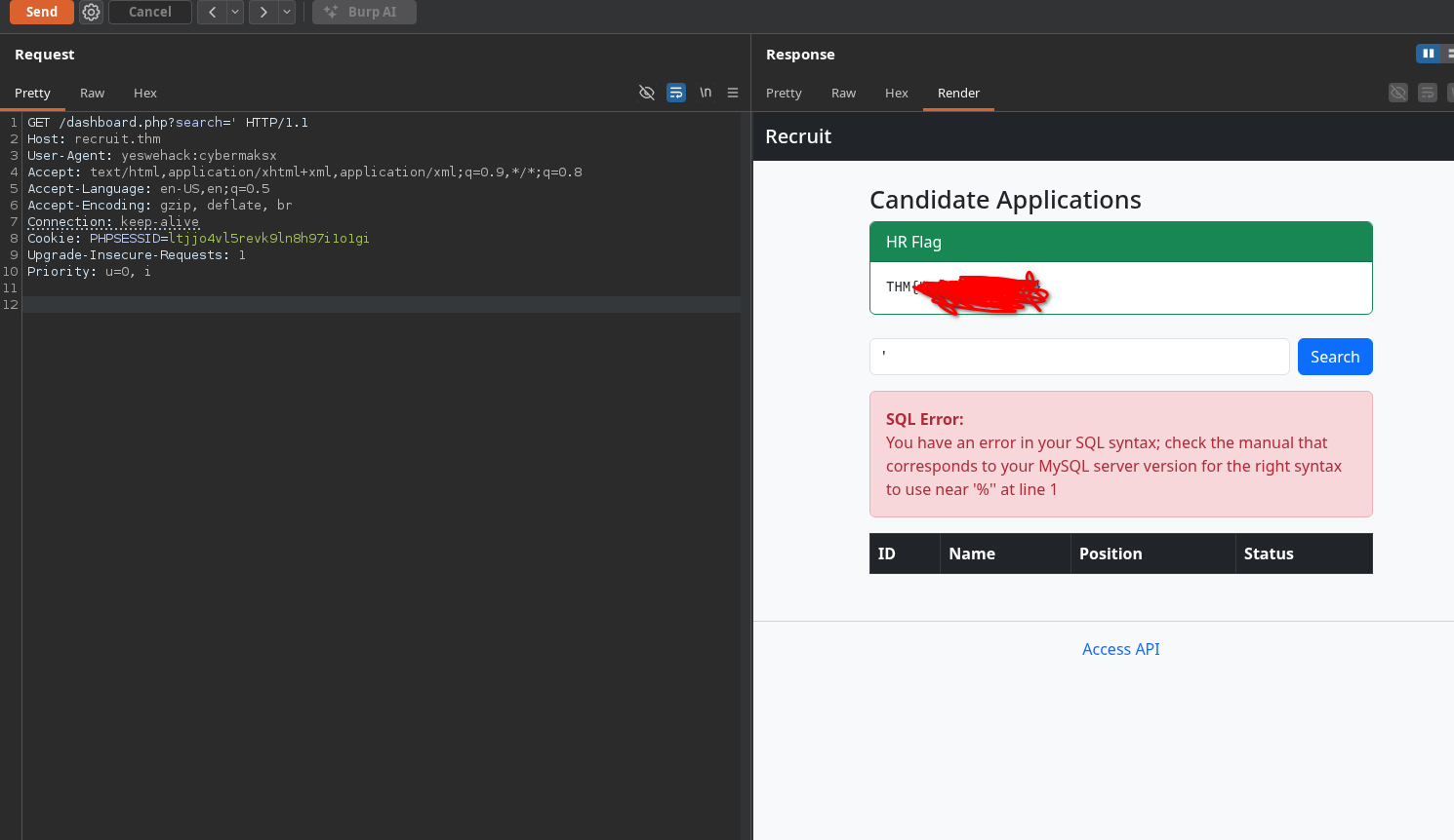 Burp Suite showing GET request with search=' and SQL error response: You have an error in your SQL syntax near '%'