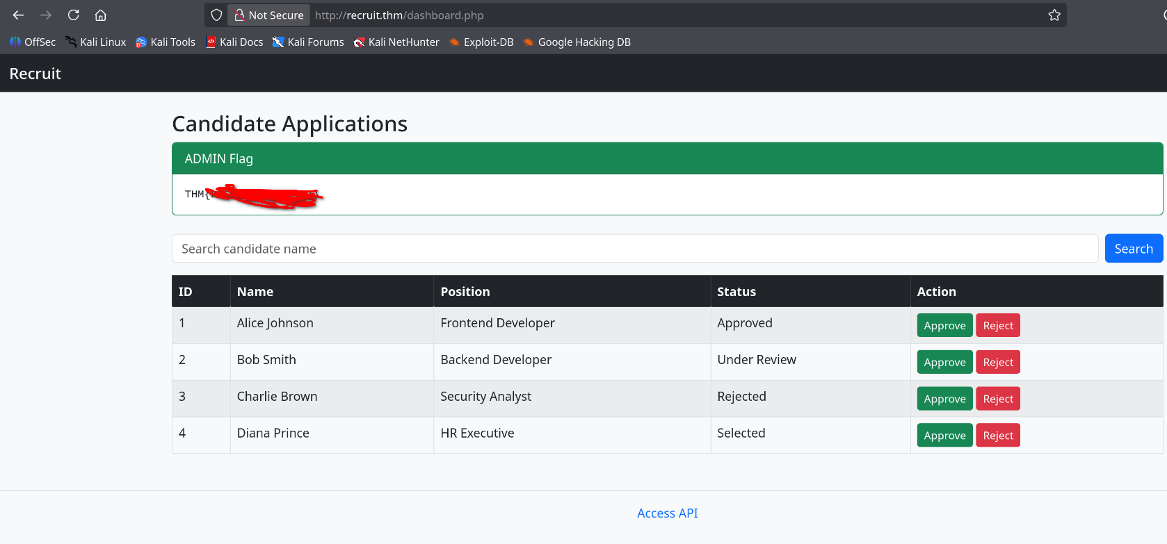Recruit admin dashboard showing ADMIN Flag: THM{FLAG} and full candidate applications table