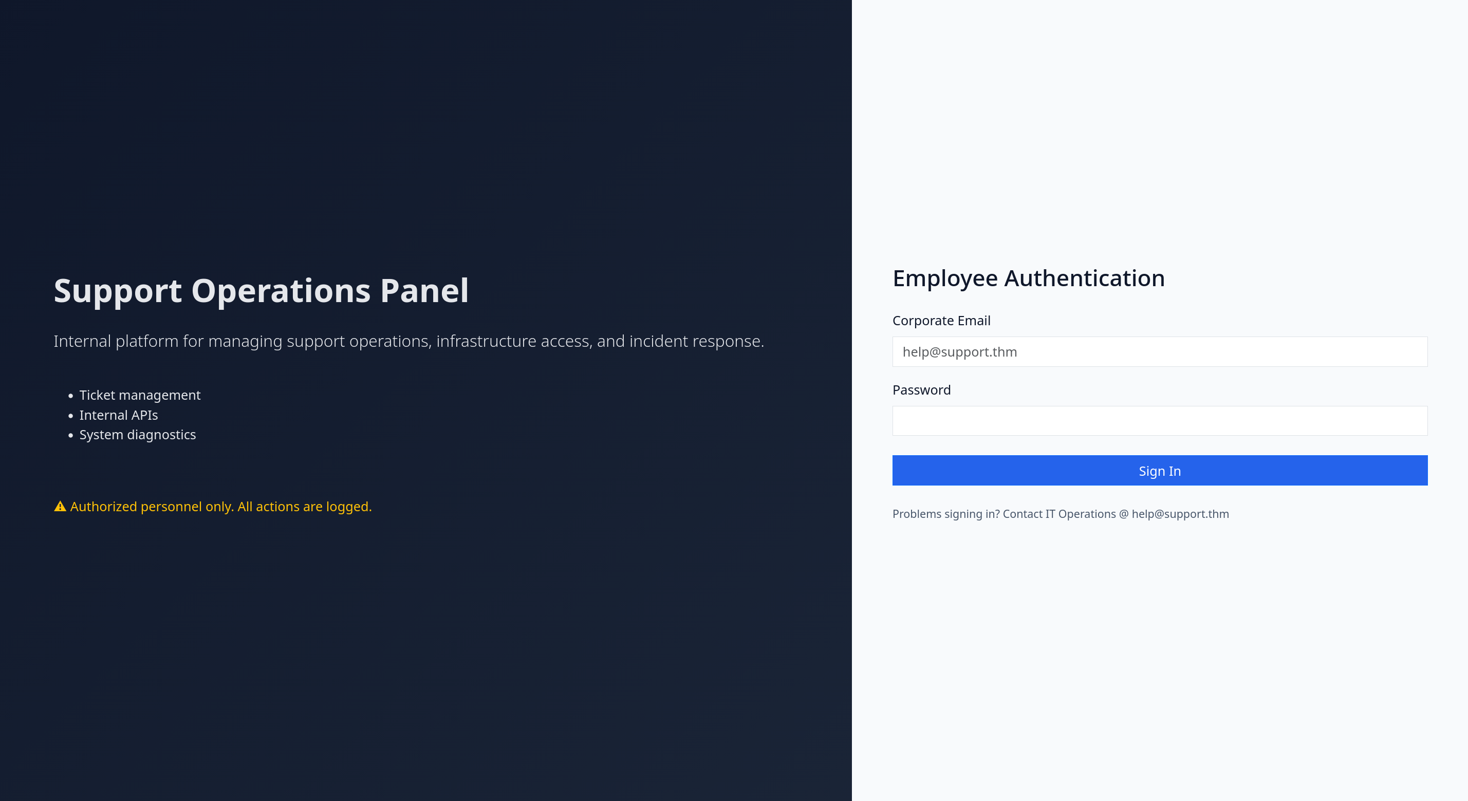 Support Operations Panel login page — Employee Authentication form