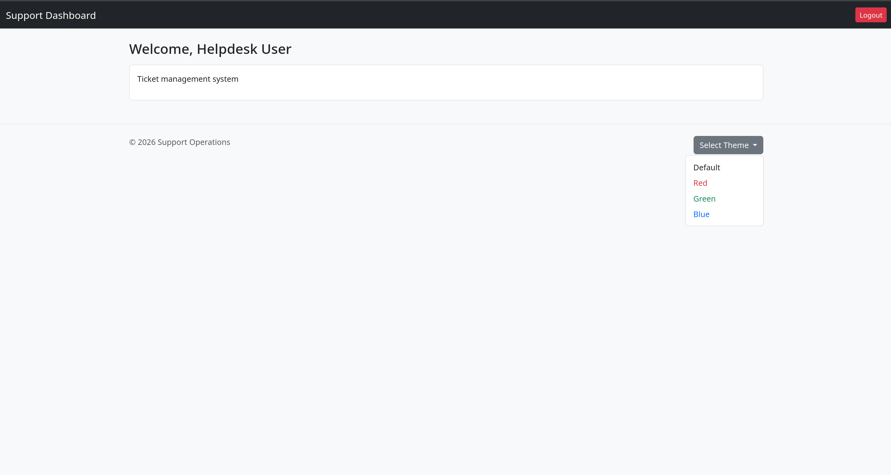 Support Dashboard logged in as Helpdesk User with a theme selector
