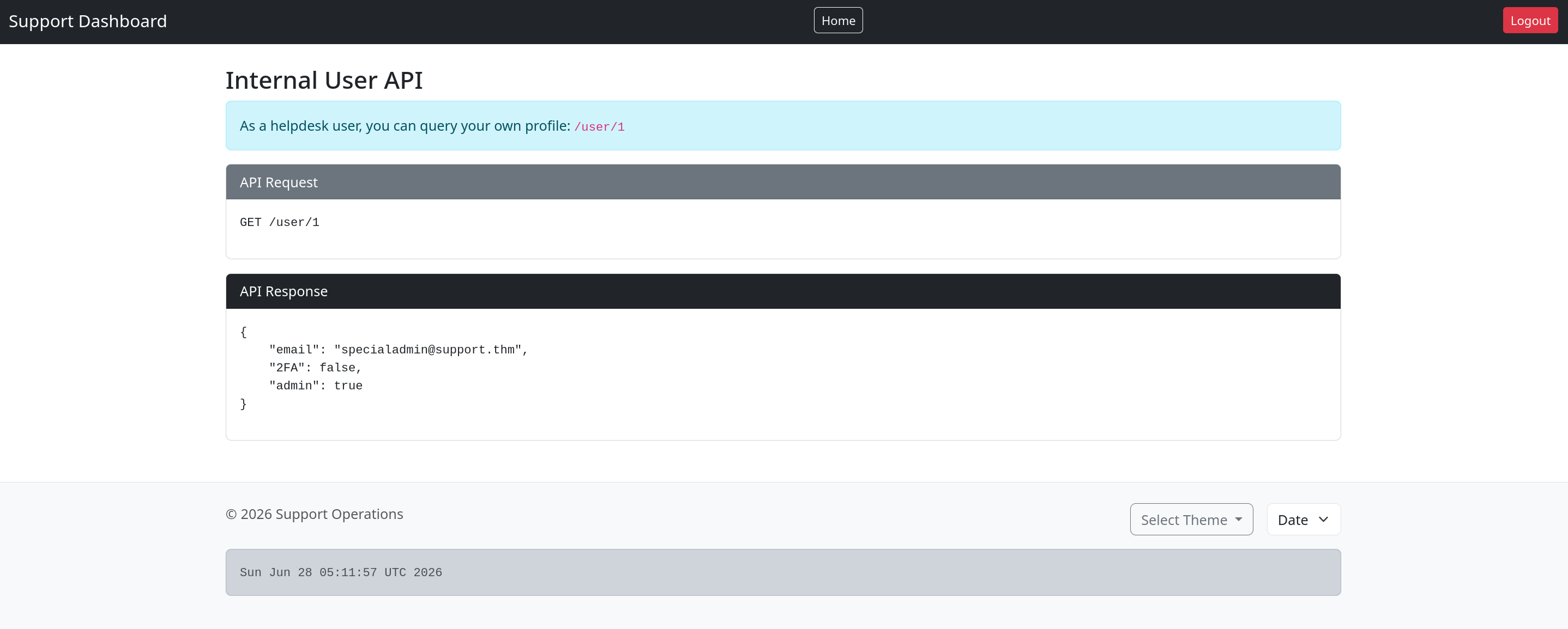 Internal User API returning specialadmin@support.thm with admin true and 2FA false