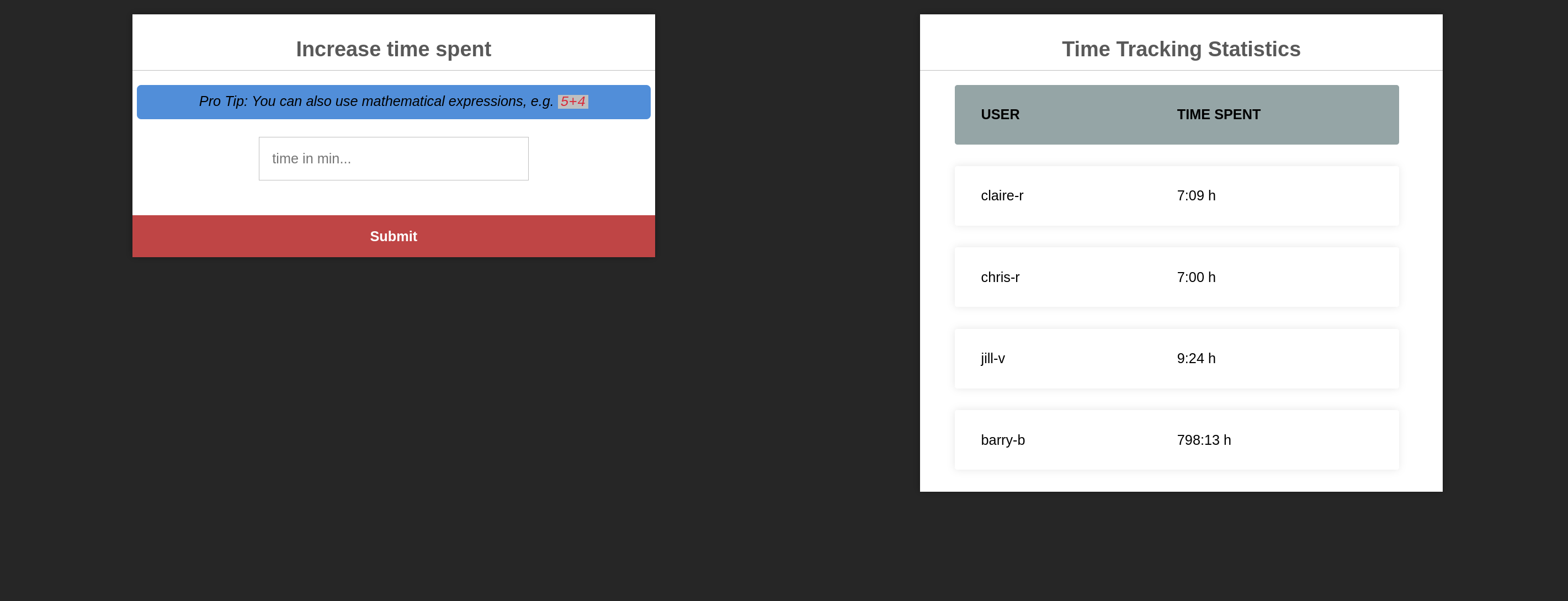 Umbrella time tracking dashboard after login: an Increase time spent form with a Pro Tip saying mathematical expressions like 5+4 are accepted, next to a Time Tracking Statistics table listing claire-r, chris-r, jill-v and barry-b